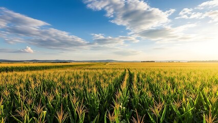 Golden sunlight shining over a vast cornfield at sunset.