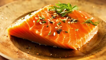 Raw salmon fillet on wooden plate, seasoned with sesame and fresh herbs, warm golden lighting, glistening oil, rustic table setting, premium market cut closeup, inviting texture for gourmet - Powered by Adobe