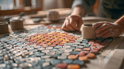 Crafting mosaic art with focused artisan hands at work