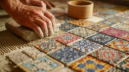 Artisan installing vibrant, handcrafted tiles with skill indoors