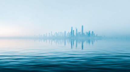 Fototapeta premium Tranquil Future City: Skyline Reflected on Water in Fog.