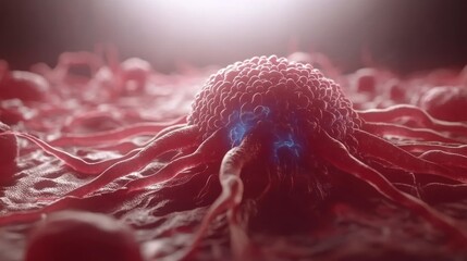 Microscopic view of a tumor cell with tendrils and a bright glow within