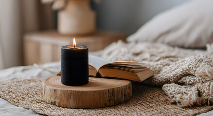 Cozy warm bedroom interior detail featuring burning black pillar candle and book resting upon round wooden podium, set on natural beige jute rug next to neatly made bed, representing quiet self-care