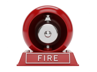 Red fire alarm bell with 'fire' label, isolated on white isolated on transparent background