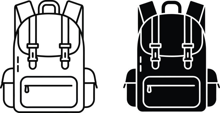 Two Backpack Icons One Outline One Solid vactor Black rucksack travel