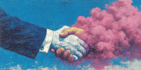 Symbolic handshake between two hands, one turning into pink smoke, representing agreement and transformation