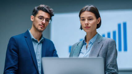 Focused business meeting laptop office analysis graph team strategy discussion data professional. Focused colleagues review data laptop modern office analyzing growth graph and planning strategy