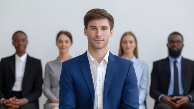 Confident candidate job interview hiring recruitment human resources team office business professional career growth in modern meeting room focus on man with panel blurred hopeful and calm
