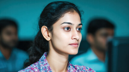 Focused indian people team in office training, young woman at computer with calm concentration during workshop session in modern workspace, soft light, professional mood, productivity and learning