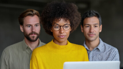 Focused teamwork, indian people team collaborate on laptop in modern office, diverse coworkers in casual outfit, creative project planning, serious mood, technology workplace