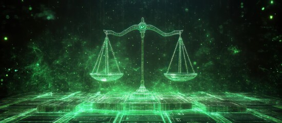 Digital Scales of Justice, glowing green, tech background, legal concept