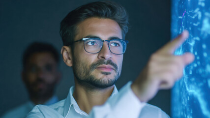 Focused analyst data visualization technology office glasses professional teamwork indian people team strategy innovation research screen blue light modern workplace collaboration planning leader