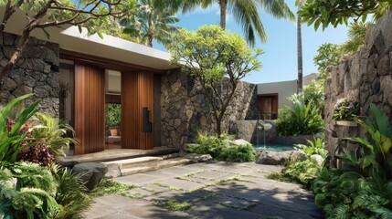 Naklejka premium Tranquil Tropical Oasis with Stone Walls, Lush Greenery, and Modern Architecture Surrounded by Palm Trees and Clear Blue Sky