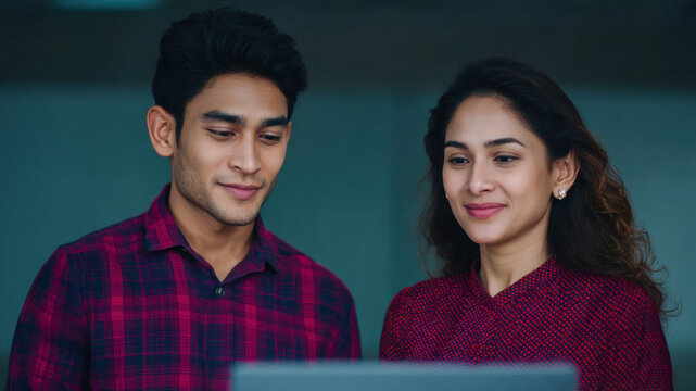 Young professionals office teamwork collaboration laptop discussion planning strategy colleagues workspace. Two coworkers review project laptop modern office, focused and confident, sharing ideas