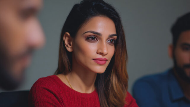 Focused professional woman office meeting corporate team business discussion conference room laptop Indian coworker leadership teamwork