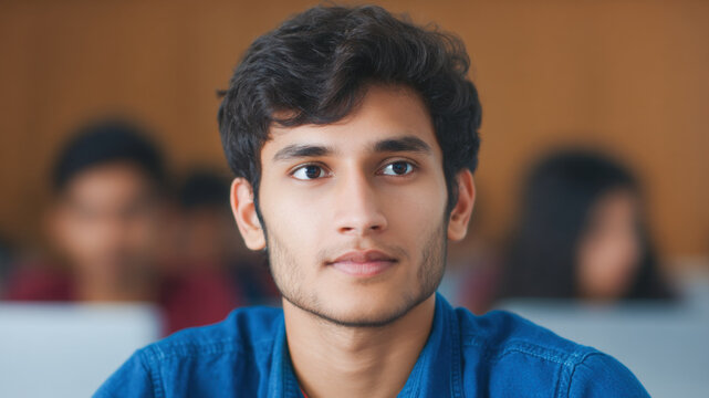 Indian student portrait focused in classroom, young people learner with calm expression listens to lecture, team mindset and study goal in university setting with natural light and soft background