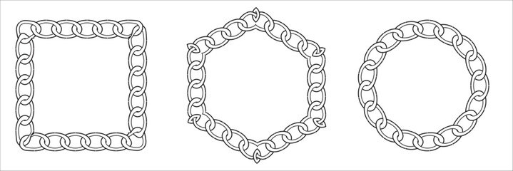 "Chain-Link Geometric Shapes – Square, Hexagon, and Circle Formed with Uniform Links