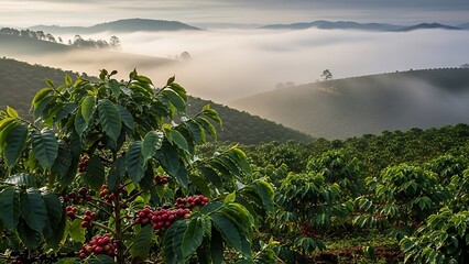 Misty Morning Coffee Plantation with Ripe Red Cherries and Lush Green Leaves.