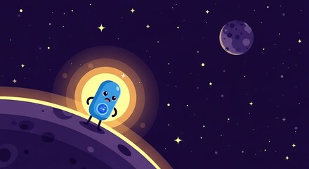 Cartoon character exploring space with planets and stars vector illustration