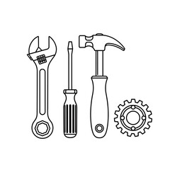 Essential tools including adjustable wrench, screwdriver, hammer, and gear symbolizing construction, repair, and mechanical work.