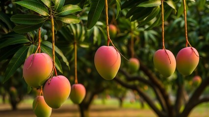 Ripe Mangoes Hanging from a Tree Branch in a Tropical Orchard.