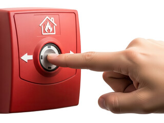 Finger pressing red fire alarm button with house and flame icon isolated on transparent background