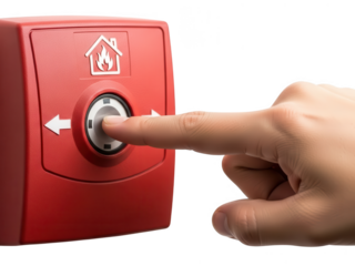Finger pressing red fire alarm button with house and flame icon isolated on transparent background