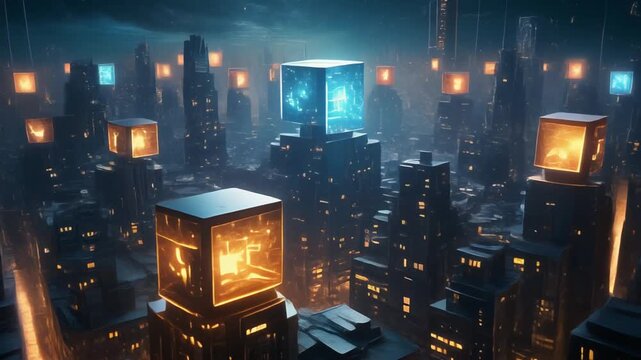 Futuristic cityscape with glowing cubes atop skyscrapers, symbol of data and digital evolution, editorial style with cyberpunk urban energy.