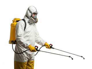 Pest control worker spraying insecticide with protective gear isolated on transparent background