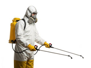 Pest control worker spraying insecticide with protective gear isolated on transparent background