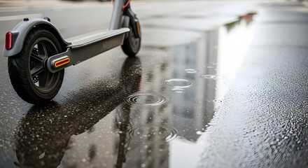 Close up of electric scooter wheel parked on a wet city street, reflecting buildings in a puddle during rain for urban mobility concept and moody city life
