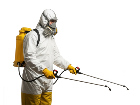 Pest control worker spraying insecticide with protective gear isolated on transparent background