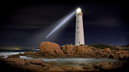 keeper. A lighthouse keeper inspecting the beacon at night. mobility guides, transit brochures, designed for mobility and urban transit guides, used by marketing managers.