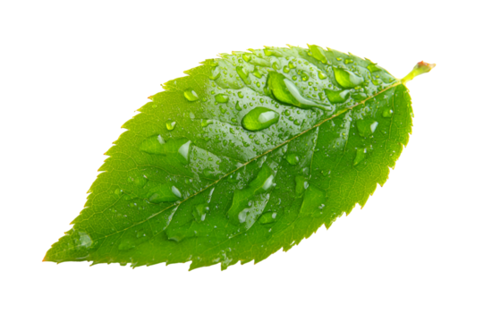 Fresh green leaf with water droplets isolated on transparent background