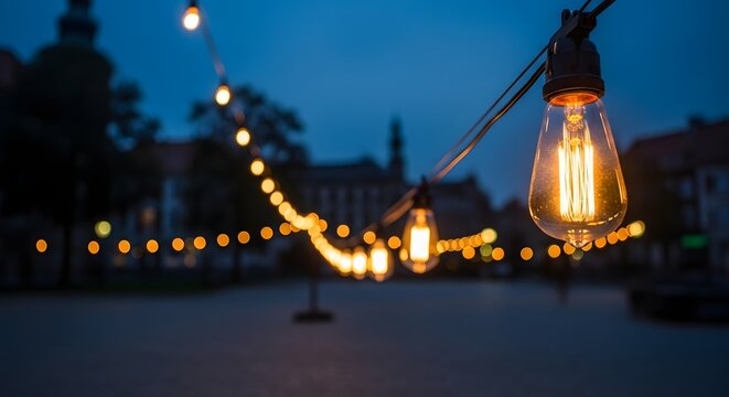 Close-up of glowing Edison bulb string lights in a public square at dusk, creating a festive outdoor event concept and warm ambiance