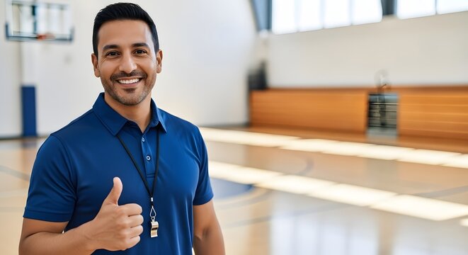 Confident male teacher or sports coach smiling and giving thumbs up in a bright school gym for educational support concept and approval
