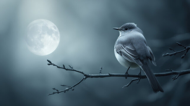 stanza. A nightingale resting on a branch under the moonlight in a serene blue night. wildlife magazines, conservation campaigns, designed for wildlife conservation campaigns.
