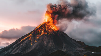 erupting. A powerful volcano erupting with lava and ash against the sky. ESG reports, sustainability campaigns, designed for sustainability communications and ESG reporting.
