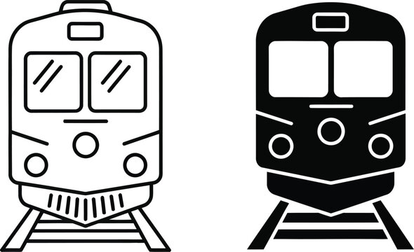 Two train front views one line art one silhouette on tracks vactor railway transportation