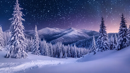Obraz premium Snow mountain and star sky surround forest
