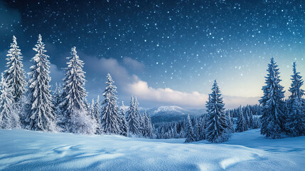 Fototapeta premium Snow mountain and star sky surround forest