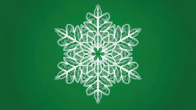 A background of a single, large, stylized snowflake in white, forming a delicate lace-like pattern on a vibrant red or emerald green background.