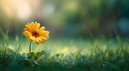 single bright yellow gerbera flower standing tall and prominently centered in lush green grass field, beautifully illuminated by the soft, warm glow of morning sunlight, symbolizing hope