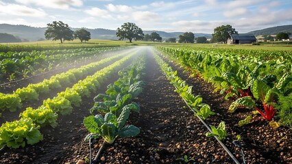 Sunlit agricultural field with sprinkler irrigation over lush vegetable crops.