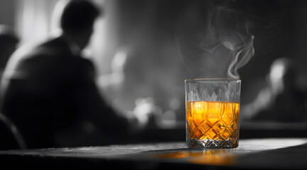 black and white close-up of classic, old fashioned whiskey glass with dramatic tendrils of smoke rising, sitting on bar table in front of an elegantly suited, anonymous businessman