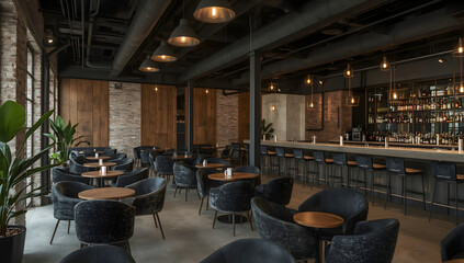 Interior of cozy restaurant. Contemporary design in loft style, modern dining place and bar counter. Ai Generative.