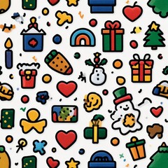 Fototapeta premium Festive Seamless Pattern of Colorful Christmas Gifts, Snowmen, Trees, Hearts, and Candies on a White Background, Holiday Celebration.
