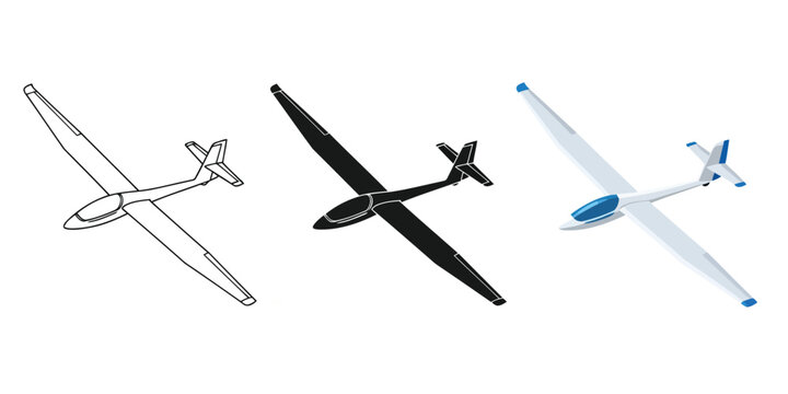Three glider illustrations a detailed outline, a sleek black silhouette, and a vibrant colored design, all