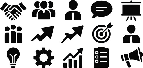 A curated collection of essential business and strategic planning glyph icons on white