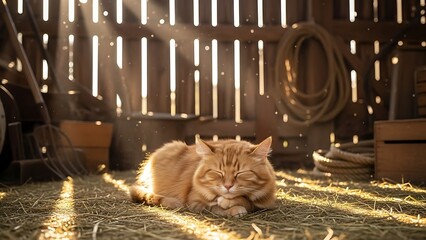 Two ginger cats basking in sunlight inside a barn.